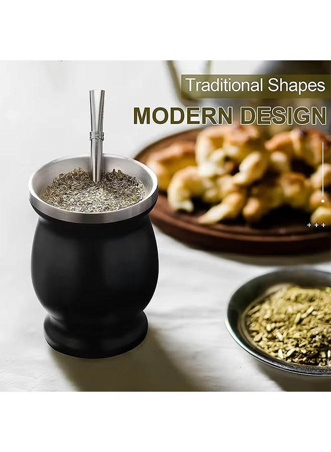 Ruili Mate tea cup, portable, double-walled stainless steel, easy to clean, mate tea gourd cup, suitable for drinking loose mate tea on various occasions, includes straw and cleaning brush, 230ml (black). - Image 5